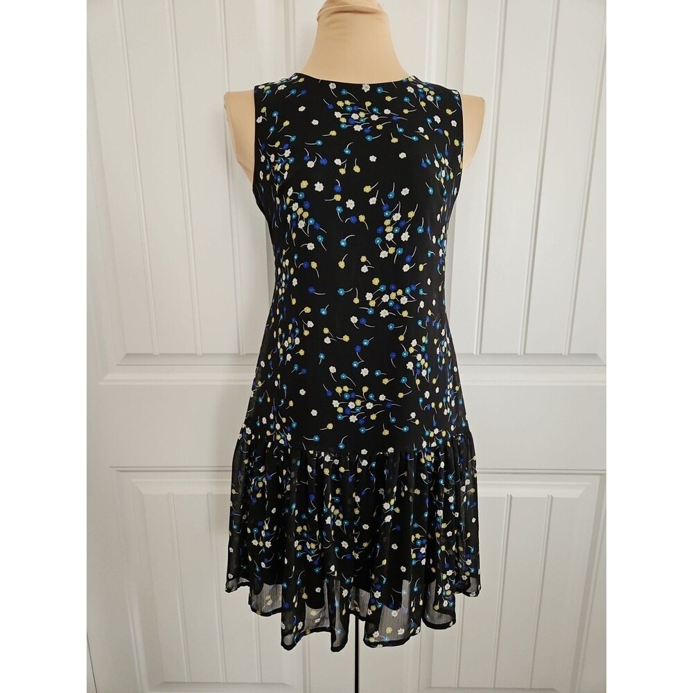 CALVIN KLEIN BLACK FLORAL CAREER RUFFLE CHIFFON SHEATH DRESS SIZE 4 Tie Back